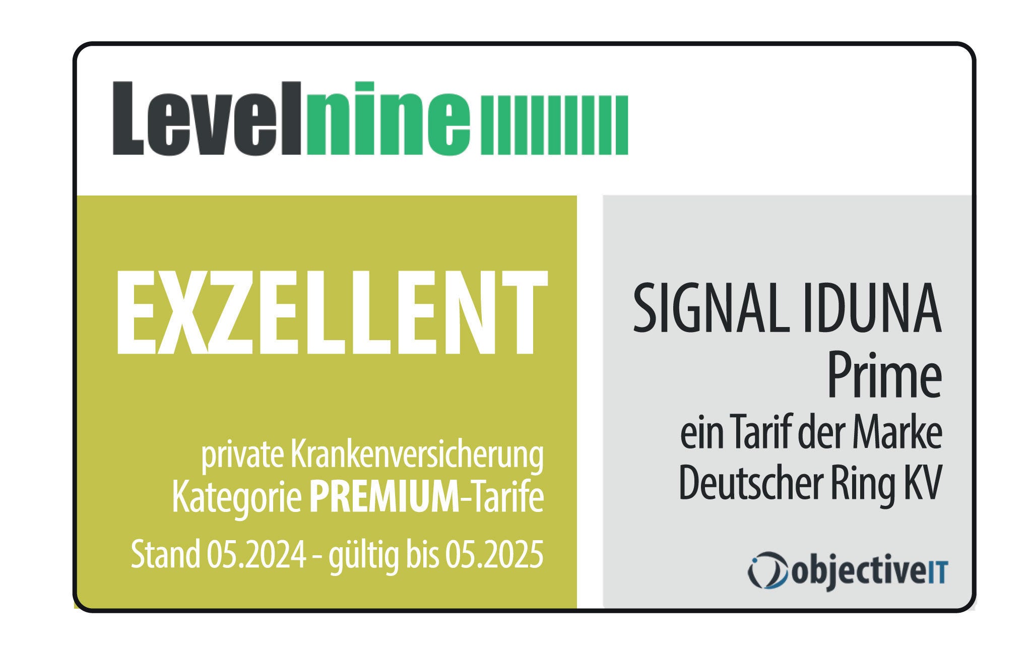 Siegel von Levelnine - Exzellent, private Krankenversicherung in der Kategorie PREMIUM-Tarife, Stand 05.2024, gültig bis 05.2025 - SIGNAL IDUNA Prime, ein Tarif der Marke Deutscher Ring KV