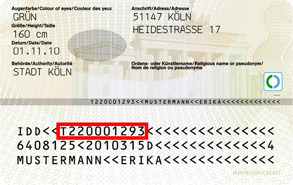 Auf dem neuen Personalausweis finden Sie die Ausweisnummer auf der R\xFCckseite, untere H\xE4lfte nach IDD.